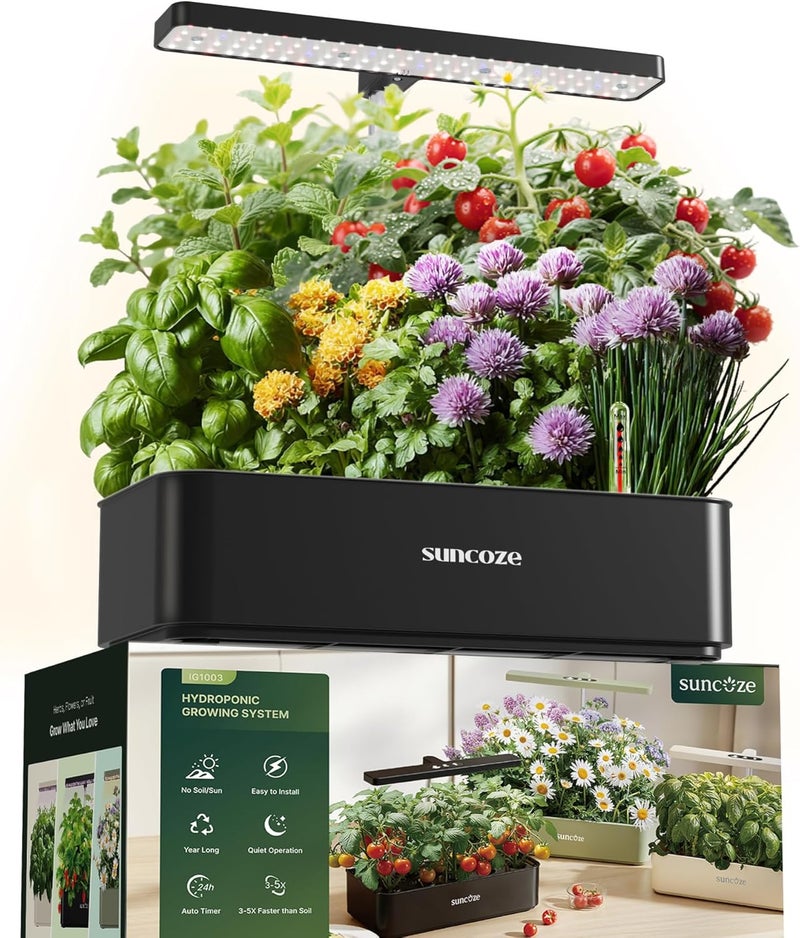 SUNCOZE Hydroponics Growing System Kit 12 Pods, 24W LED Grow Light Indoor Garden, 4L Water Tank with Quiet Pump, Adjustable Height Herb Garden Planter Indoor Kit, Gardening Gifts, Black - Image 1